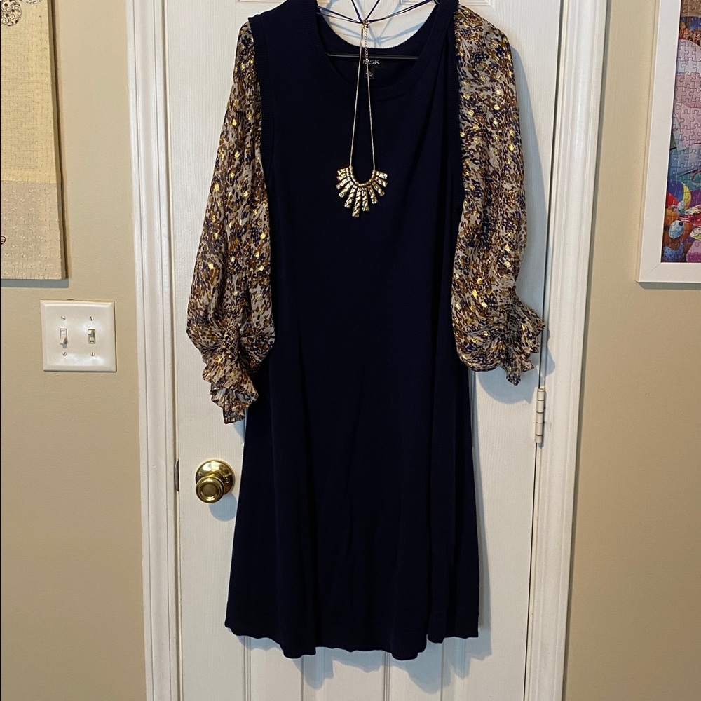 MSK Navy Dress with Patterned Sleeves